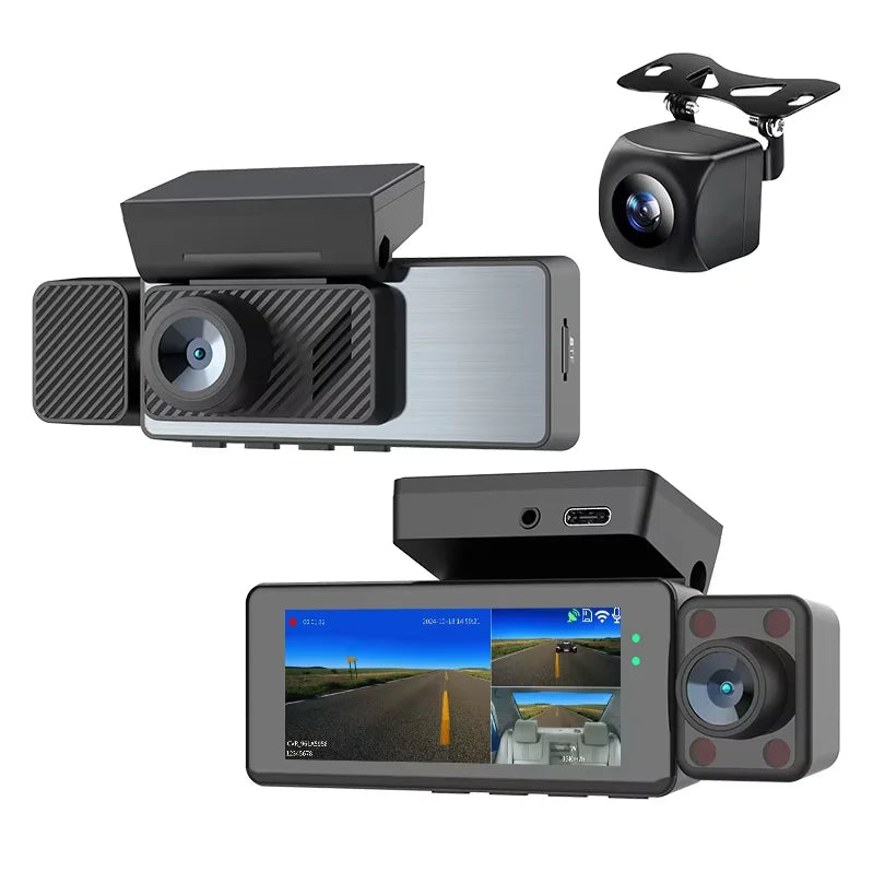 Fuallwin 3.16 Inch Touch Screen Car Dashcam DVR 3 Lens 170 Degree 4K Dash Camera Built-in GPS WiFi