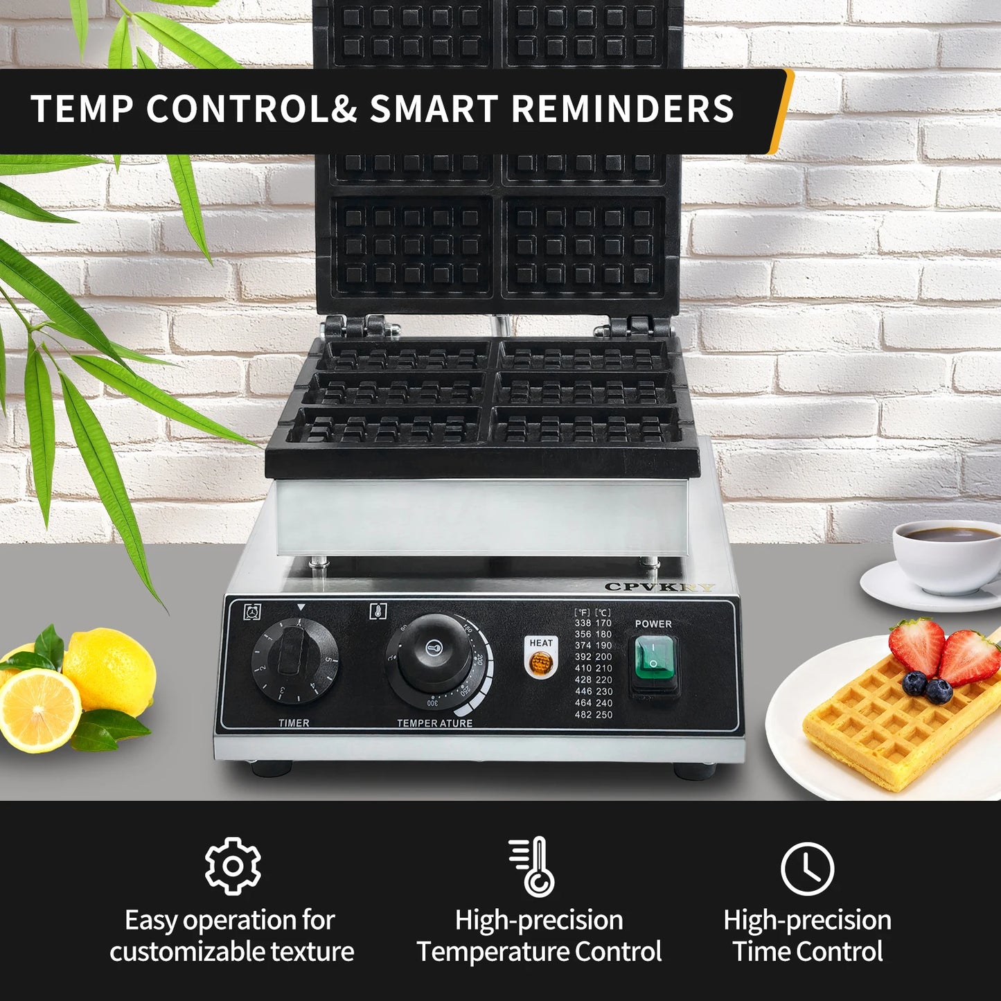 1750W Commercial Stainless Steel Non-Stick Waffle Maker 50-300℃ Commercial Flip Balance Heating Waffle Iron 6pcs Honeycomb New
