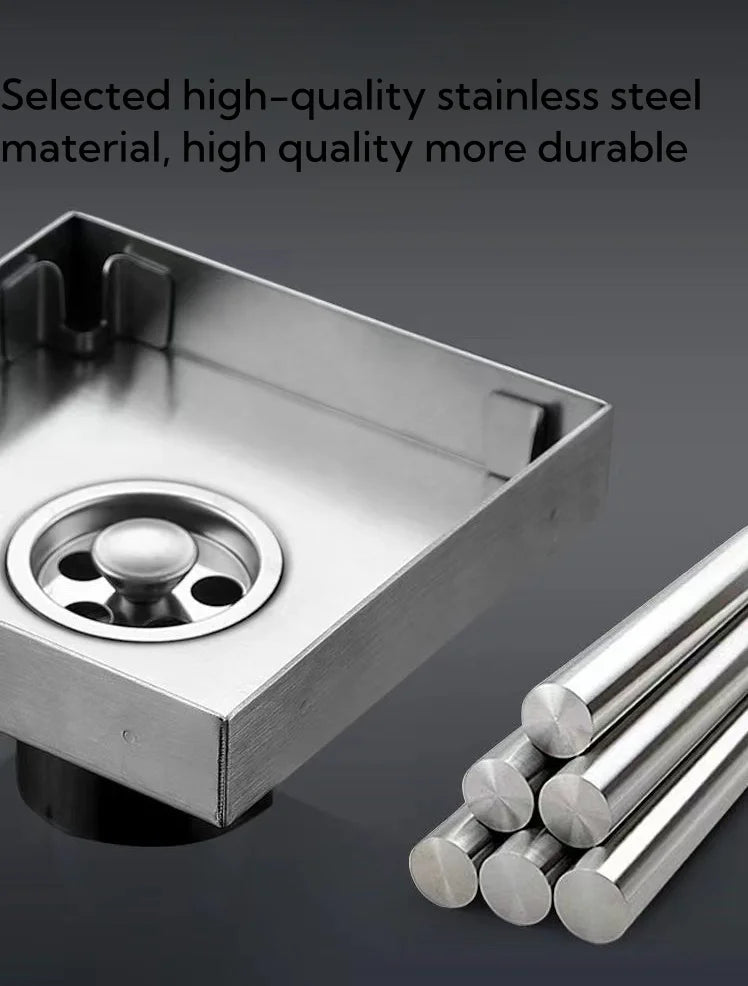 Brushed 4-Inch Square Stainless Steel Shower Floor Drain Invisible Brushed Grate Cover Strainer Tile Insert Bathroom Drainer
