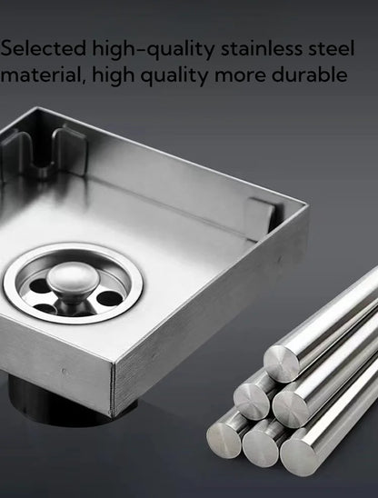 Brushed 4-Inch Square Stainless Steel Shower Floor Drain Invisible Brushed Grate Cover Strainer Tile Insert Bathroom Drainer