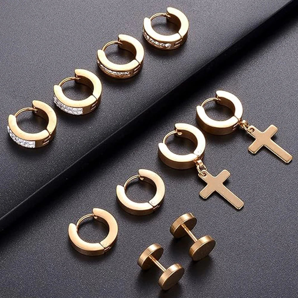 ZF 15 Pairs Stainless Steel Dangle Hinged Hoop Huggie CZ Stud Earrings Set for Men Women Piercing Jewelry Silver Black Gold Tone