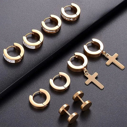 ZF 15 Pairs Stainless Steel Dangle Hinged Hoop Huggie CZ Stud Earrings Set for Men Women Piercing Jewelry Silver Black Gold Tone