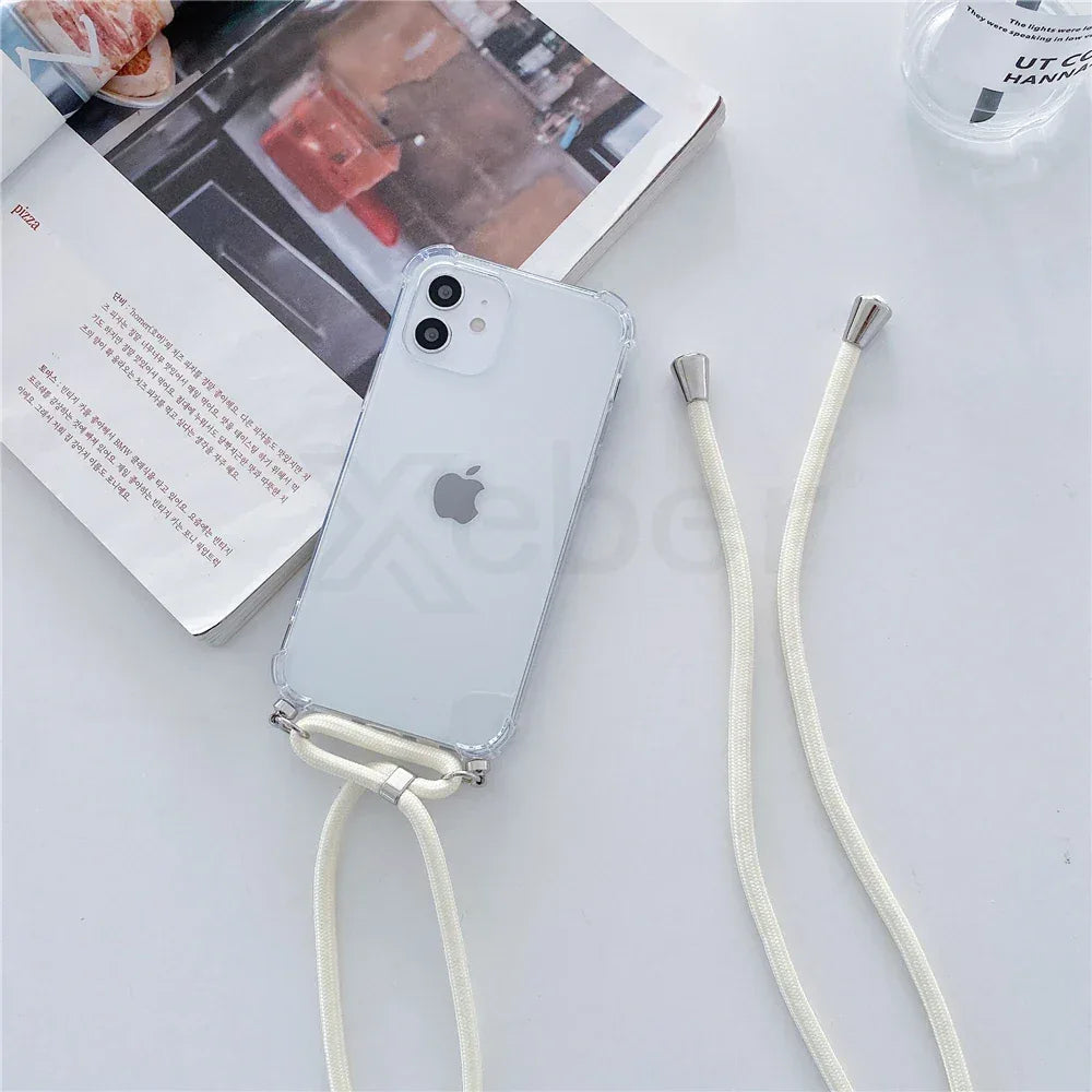 Necklace Lanyard Strap Chain Phone Case For iPhone 16 15 14 13 Pro Max 12 11 XS X XR Mini 7 8 Plus Transparent Soft Rope Cover