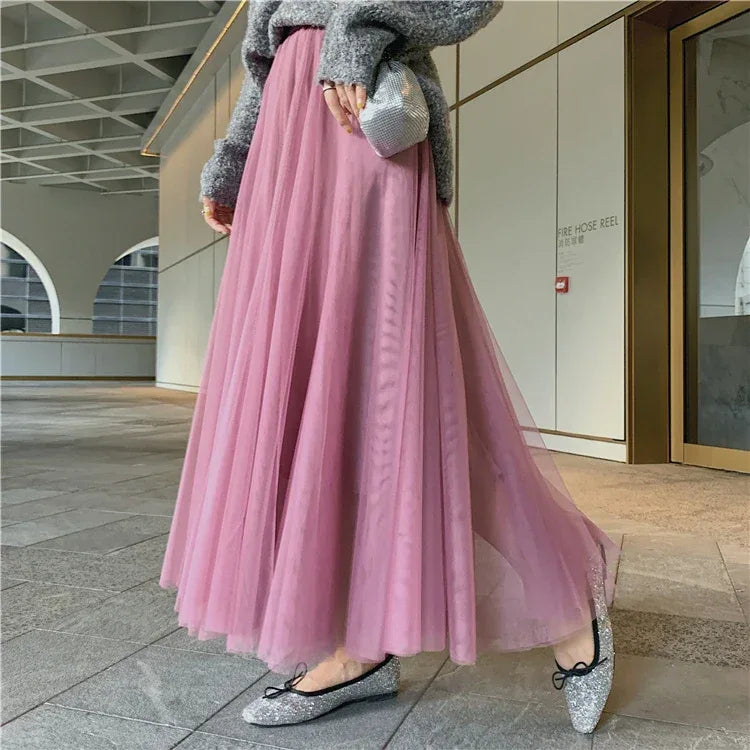 TingYiLi Elegant Tulle Skirt Autumn Winter Big Swing Women Skirt Korean Cute Pink Green Gray Blue Brown Black Long Skirt Tutu