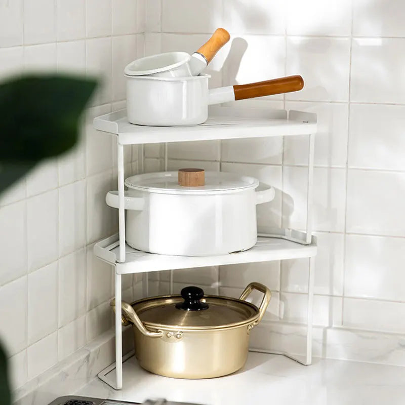 2 Tier Corner Countertop Organizer Stackable Save Space Storage Shelf Pot Spice Rack Under the Sink Holder for Kitchen Bathroom