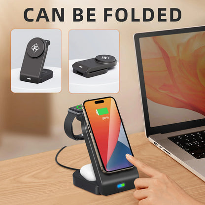 Wholesale Foldable Magnetic 15W 3-in-1 Wireless Charger Portable Fast Charging Dock Holder for AirPods IWatch for iPhone 10W