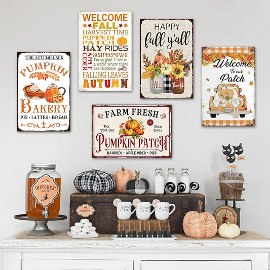 Vintage Fall Pumpkin Patch Metal Signs Set Retro Autumn Harvest Wall Decor For Farmhouse Kitchen Home Decor