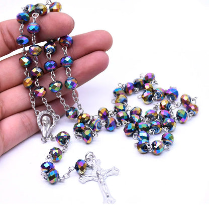 Rosary Cross Necklace Catholic Crystal Religious Beads Chain Children's Rosary Large Catholic Blue Young Bomb Party Jewelry