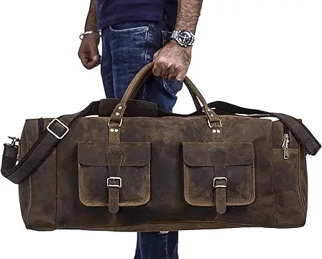 Men's Fashion Leather Duffel Weekender Bag Adjustable Canvas Carry Tote Satchel for Outdoor Use Overnight Travel Bag