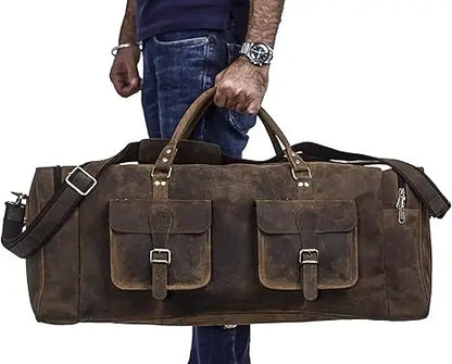 Men's Fashion Leather Duffel Weekender Bag Adjustable Canvas Carry Tote Satchel for Outdoor Use Overnight Travel Bag