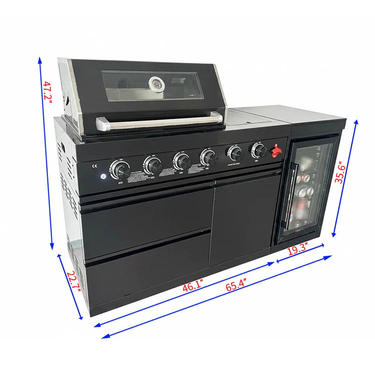 US Warehouse 304 Stainless Steel Outdoor Kitchen Set with 4-Burner BBQ Grill and Fridge for Backyard Garden
