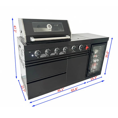 US Warehouse 304 Stainless Steel Outdoor Kitchen Set with 4-Burner BBQ Grill and Fridge for Backyard Garden