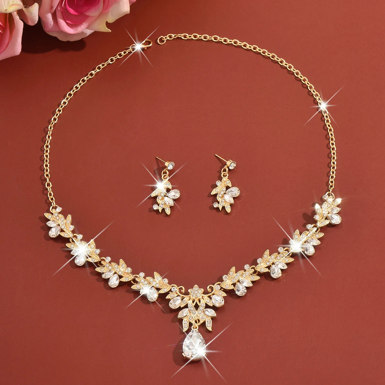 Fashion Girl Party Banquet Bridal Wedding Jewelry Set Full of Diamond Drop Pendant Golden white Necklace Earrings Set for Women