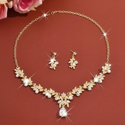 Fashion Girl Party Banquet Bridal Wedding Jewelry Set Full of Diamond Drop Pendant Golden white Necklace Earrings Set for Women