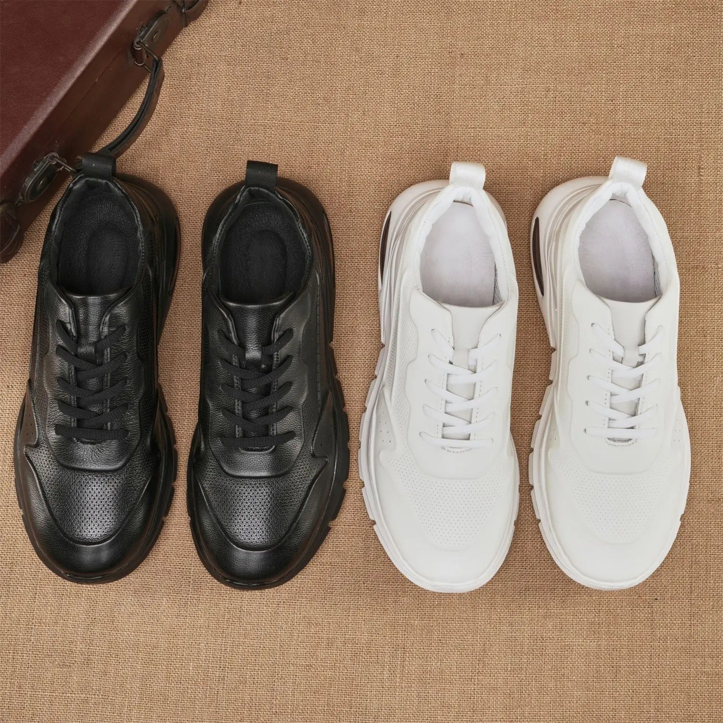 Genuine Leather Chunky Sneakers Round Toe Low Heel Breathable Mesh Lining Rubber Outsole Men's Walking Shoes