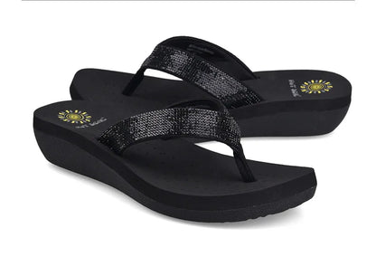 Best Selling Womens Slides Quality Rhinestone Slope Heel Flip-flops Non-slip Elastic Insoles Korean Fashion Summer Sandals