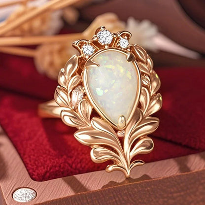 Elegant Opal Cocktail Ring For Women Natural Pear Stone Prong Setting Plant Pattern Wedding Fashion Jewelry A013