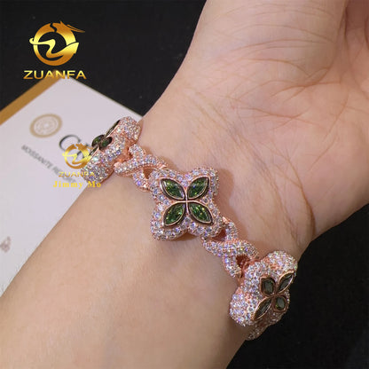 S925 Silver Marquise Flower Design Hip Hop Jewelry Iced Out Men Lab Moissanite Diamond Infinity Cuban Four Cleef Clover Bracelet