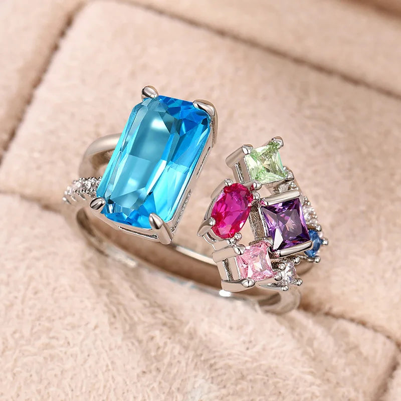 Q466 Women's Cocktail Ring Natural Aquamarine Emerald Cut Prong Setting Wedding Engagement Fashion Geometric Design