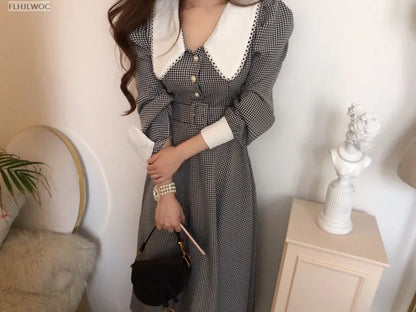 2021 Autumn Spring Basic Belt Plaid Shirt Dress Long Maxi Feminine Vestidos Chic Korea Design Clothes