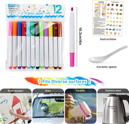 Magical Water Painting Pen-12 Colors Double Ended, Erasing Whiteboard Marker, Doodle Water Floating Pens