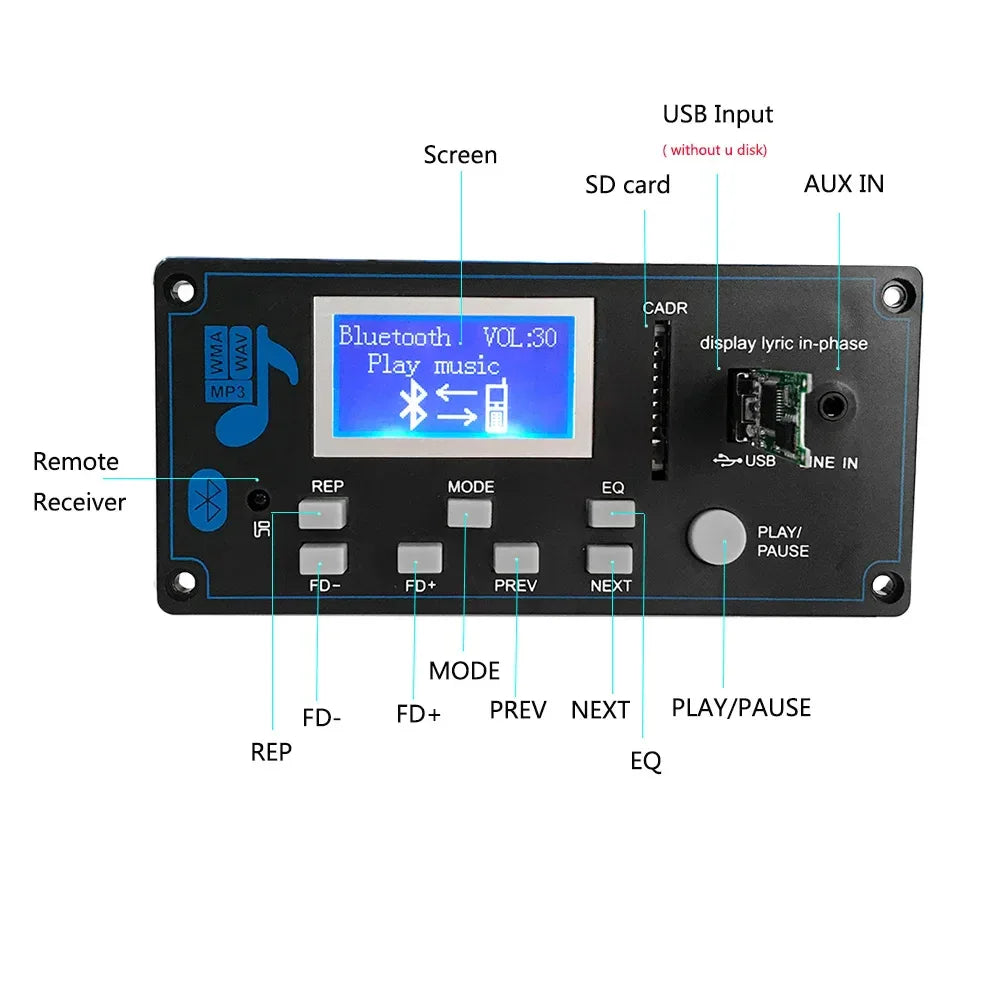 Bluetooth 12V LCD MP3 Decoder Board WAV WMA Decoding MP3 Rec Player Audio Module Support FM Radio AUX USB With Lyrics Display