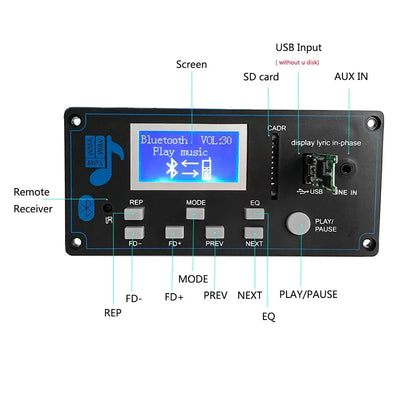 Bluetooth 12V LCD MP3 Decoder Board WAV WMA Decoding MP3 Rec Player Audio Module Support FM Radio AUX USB With Lyrics Display