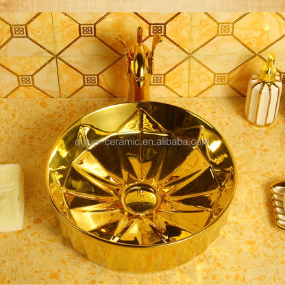 Hot Sale Golden Plated Hand Wash Basin Round Bathroom Gold Ceramic Sink for Home