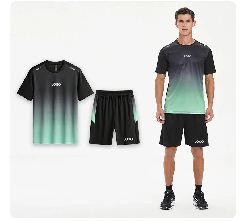 In Stock Fitness Workout Sports Quick Dry T Shirt Shorts 2 Pieces Sets 100% Polyester Custom Running Gym Tracksuits for Men