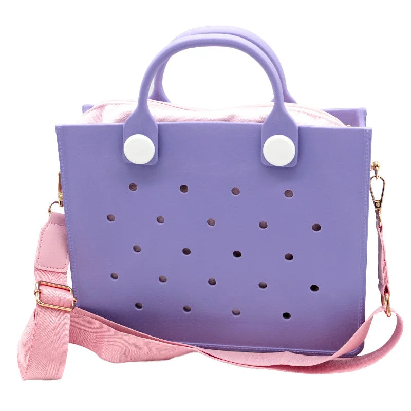 Lightweight Perforated Reusable EVA Handbag Black Women's Tote Bags for Women & Girl with Shoulder Strap for Beach & College