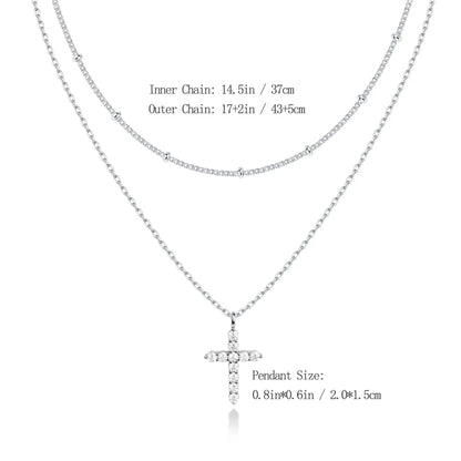 Luxury Hypoallergenic 18K Gold Plated Stainless Steel Double-Layer Micro Inlaid Zircon Cross Necklace with Adjustable Chain