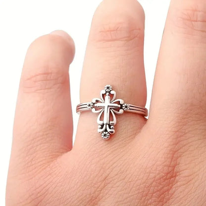 Silver Cross Ring Bezel Setting Unisex Christian Religious Ceremony Fine Jewelry T0653