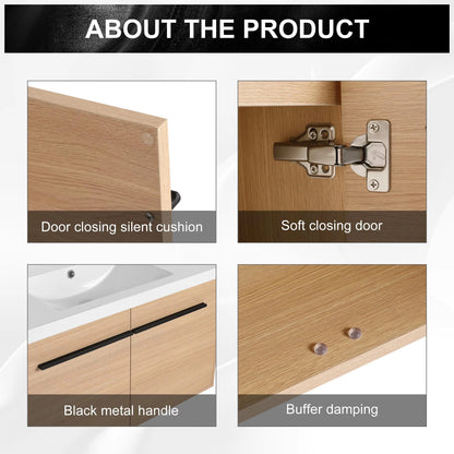 36 Inch Oak Floating Bathroom Vanity Engineered Wood Resin Integrated Sink 2 Doors US Stock Homein