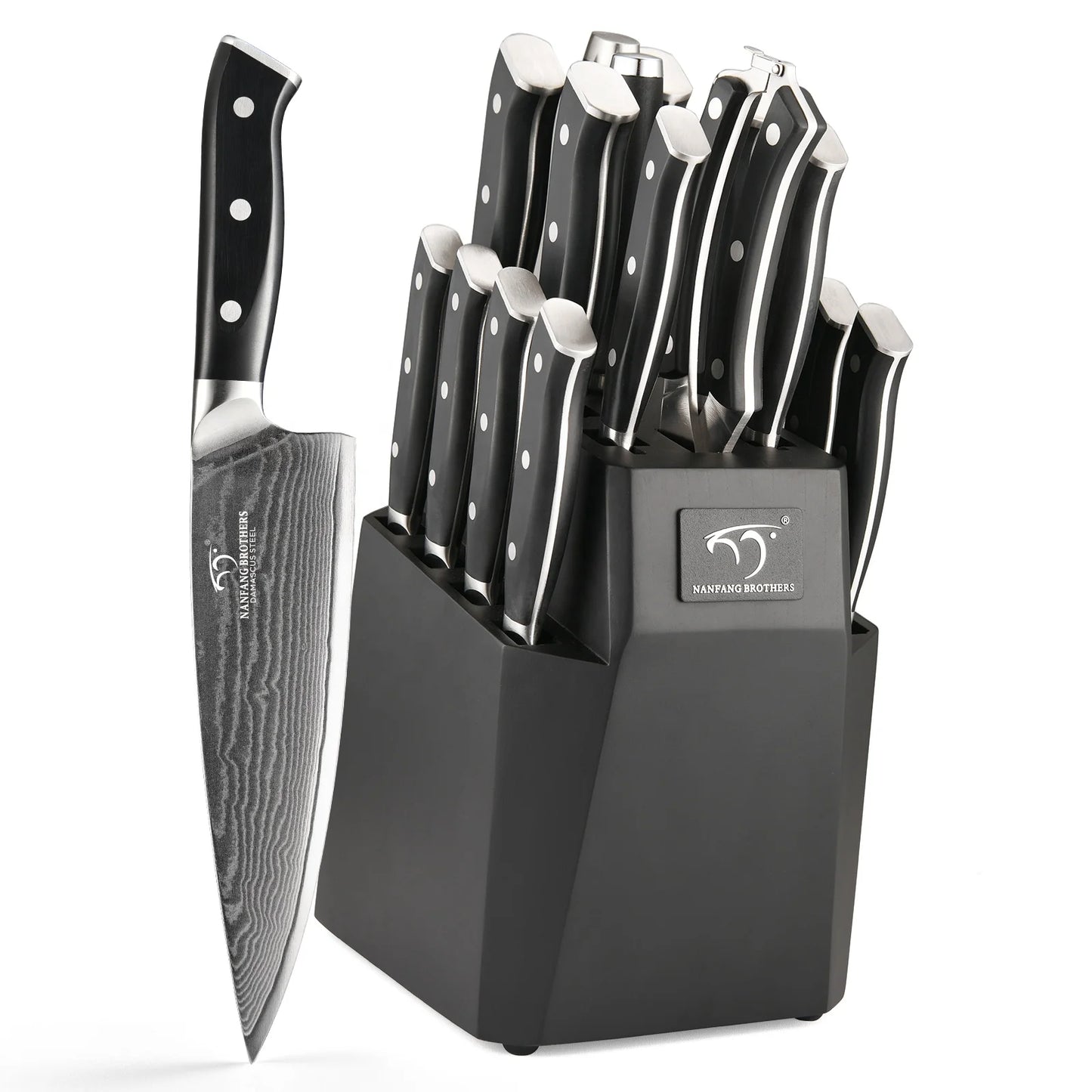 18 Pieces Damascus Steel VG10 Kitchen Tool Kitchen Knives Knife Set with Black Wooden Block with ABS Handle