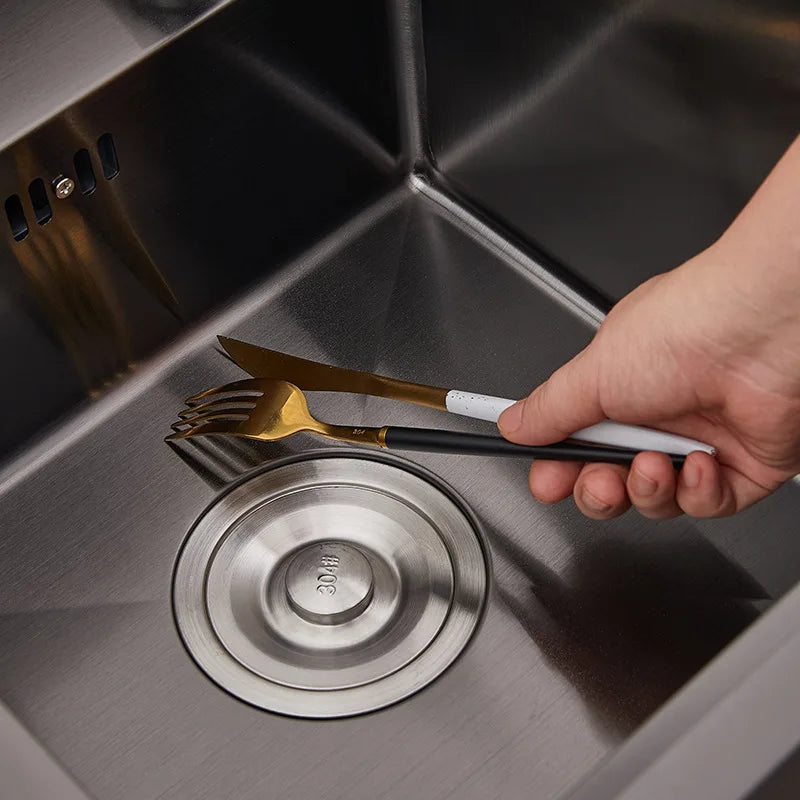 Stainless Steel SS304 Single Bowl Pull Out Faucet Tap New Black Nanometer Flip Cover Hidden Kitchen Sink