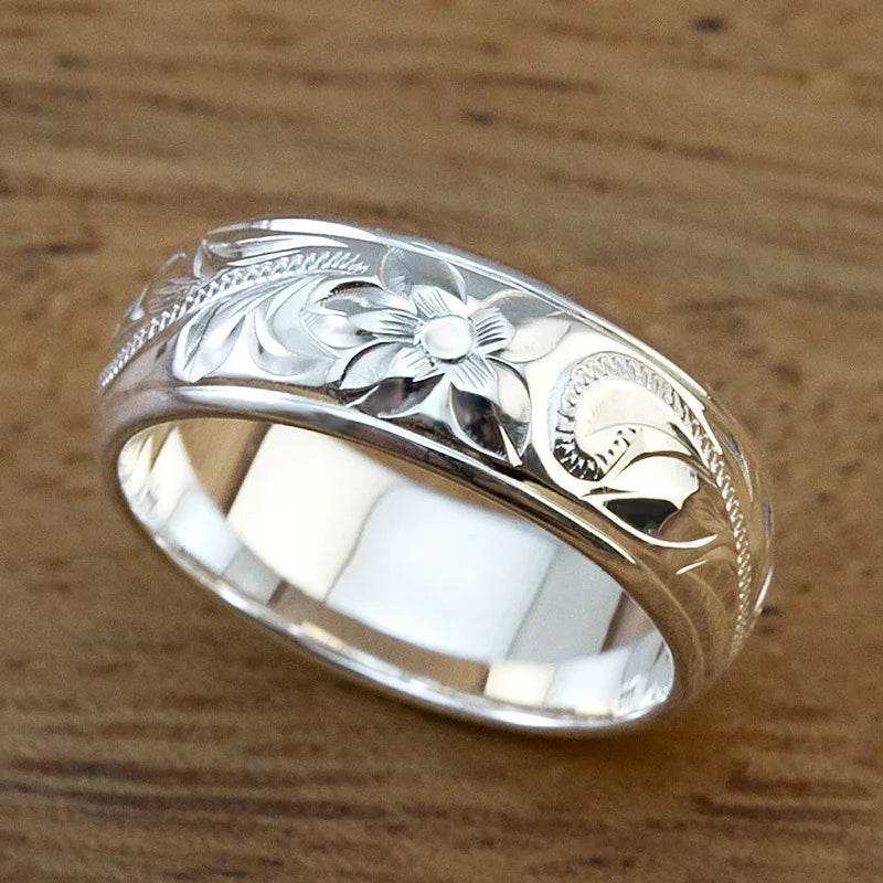 Q559 Silver Wedding Band Flower Design Classic Unisex Fine Ring
