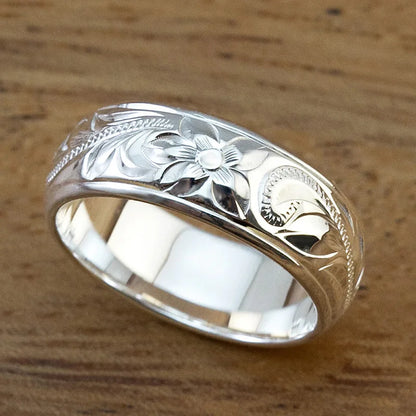 Q559 Silver Wedding Band Flower Design Classic Unisex Fine Ring