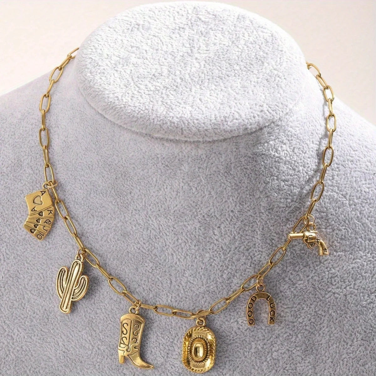 1 Stylish Vintage Western Cowboy Stainless Steel Necklace Rope Chain-Women's Party Jewelry Featuring Cowboy Boots Gun Pendant