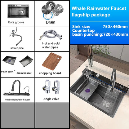 Multifunctional Stainless Steel Kitchen Sink Digital Display Faucet Stain Scratch Resistant Large Single Slot Wash Dish Basin