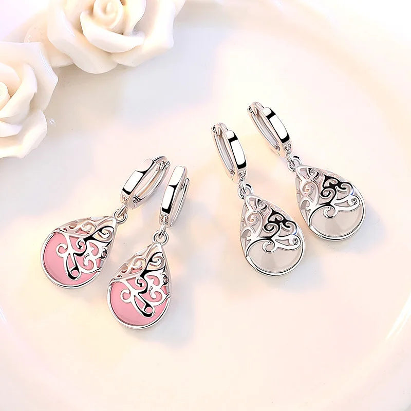White Tibetan Silver Drop Earrings Water Drop Shape Vintage Style Women Party Jewelry Alloy Silver Plated Fashion