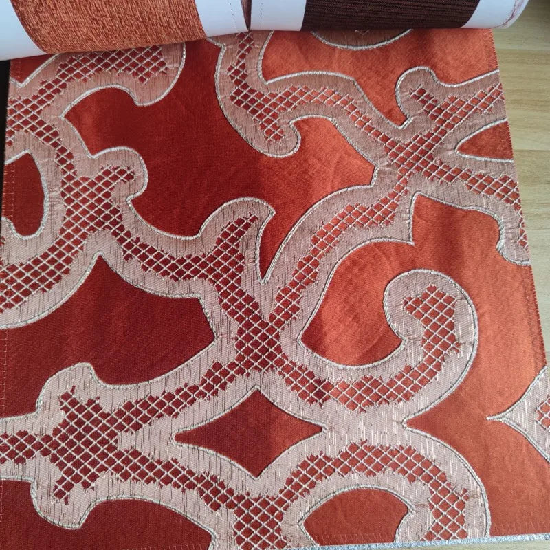 Luxury Home Textile Curtains Red-Orange Indoor Upholstery Fabric and Drapery Fabric With Sliver Gold Thread Pattern