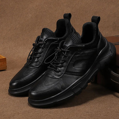 Men Leather Lace-up Casual Shoes Round Toe Breathable Mesh Lining Rubber Outsole EVA Midsole Autumn Fashion Comfortable Walking