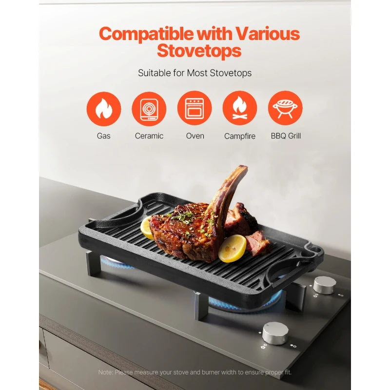 Overseas Stock Free Shipping 14x8.5 Inch Reversible Grill Griddle Pre-Seasoned BBQ Pan Cast Iron Black