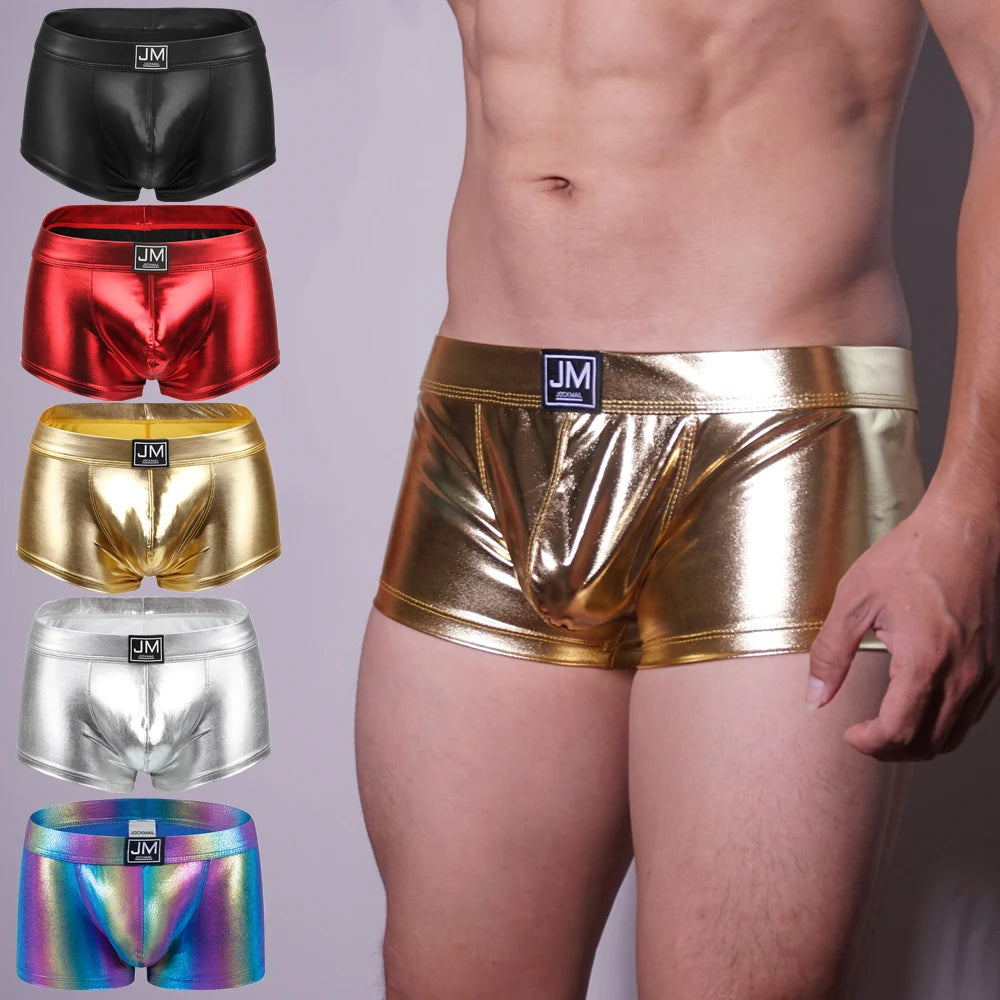 Patent Imitation Leather Shiny Fashion Low-rise Floral Knitted Boxer Briefs Waist Garment Dyed Casual Club Party Men's