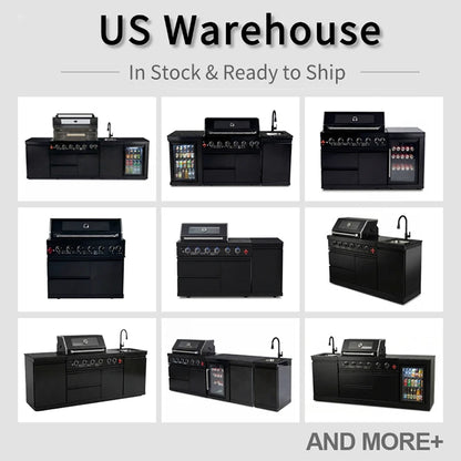 US in Stock Outdoor Kitchen Barbecue Island Black Stainless Steel Barbecue Island 4 Burner BBQ Grill with Sink