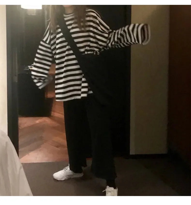 spring Autumn Women harajuku Striped Tshirt Long Sleeve O-Neck T-Shirts ulzzang Korean Casual  T Shirt Femme black Tops