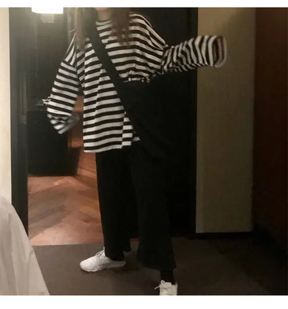 spring Autumn Women harajuku Striped Tshirt Long Sleeve O-Neck T-Shirts ulzzang Korean Casual  T Shirt Femme black Tops