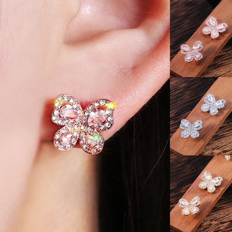 Rose Gold Flower Crystal Earrings Women's Romantic Party Jewelry Circling Setting White