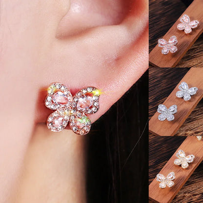 Rose Gold Flower Crystal Earrings Women's Romantic Party Jewelry Circling Setting White