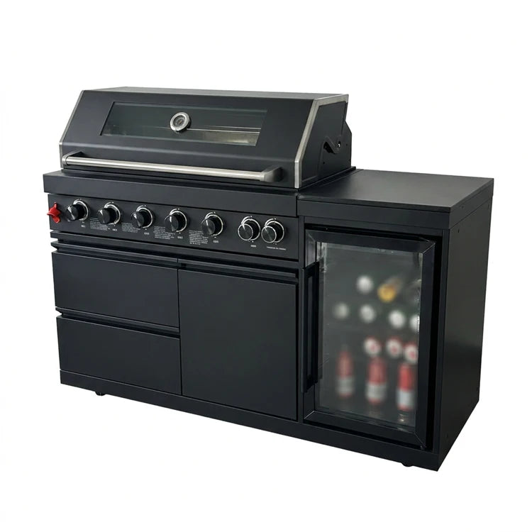 US Overseas Luxury Customized Black Stainless Steel 6-Burner Grill Outdoor Kitchen BBQ Island with Fridge for Custom Backyards
